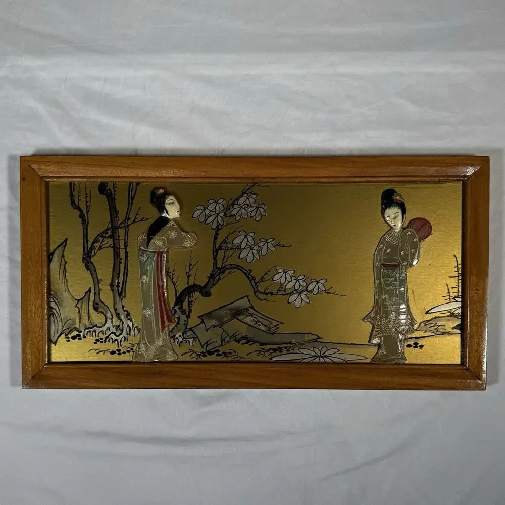 Vintage Asian Reverse Painted Glass Wall Art Geisha Women Gold Background MCM